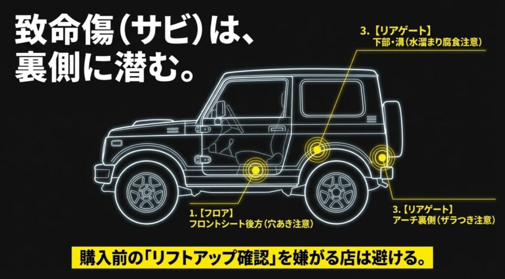 JA22のボディの裏側に潜む錆の急所（フロア、リアゲート、フェンダーアーチ）と、リフトアップ確認の重要性をまとめたイラスト 。