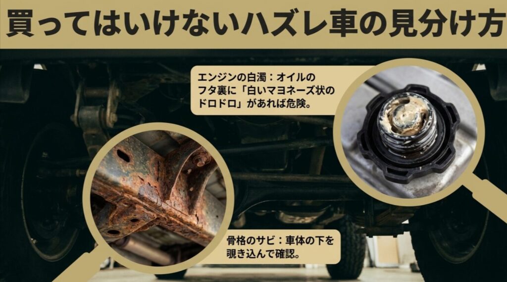オイルキャップ裏の白い濁り（乳化）や車体下のサビなど、買ってはいけないハズレ車のチェックポイント 。