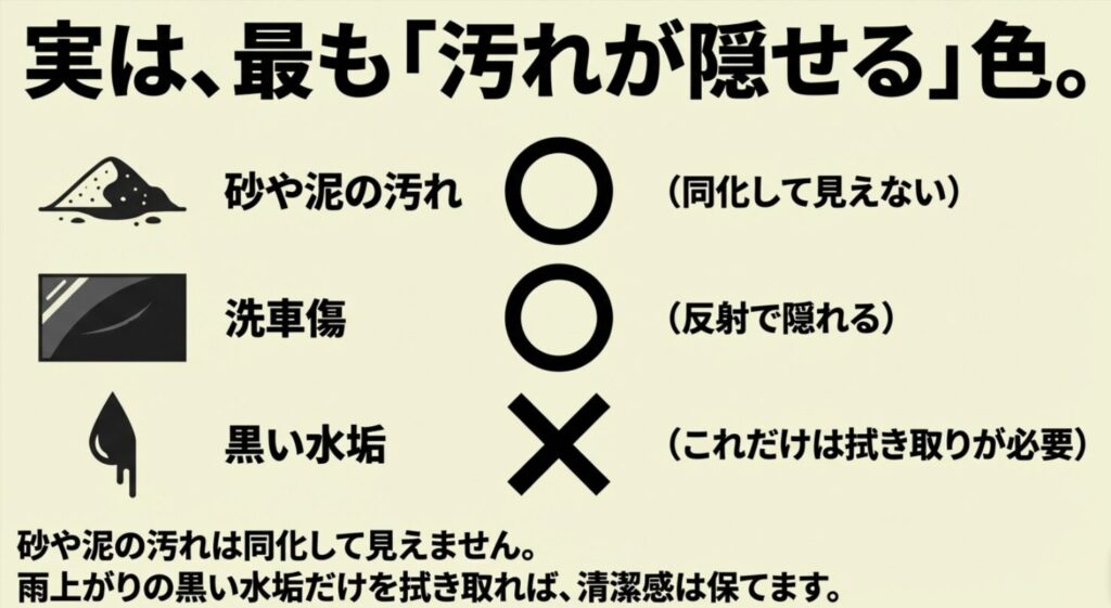 砂や泥の汚れが同化して見えない利点と黒い水垢の拭き取りを説明するメンテナンスガイドスライド