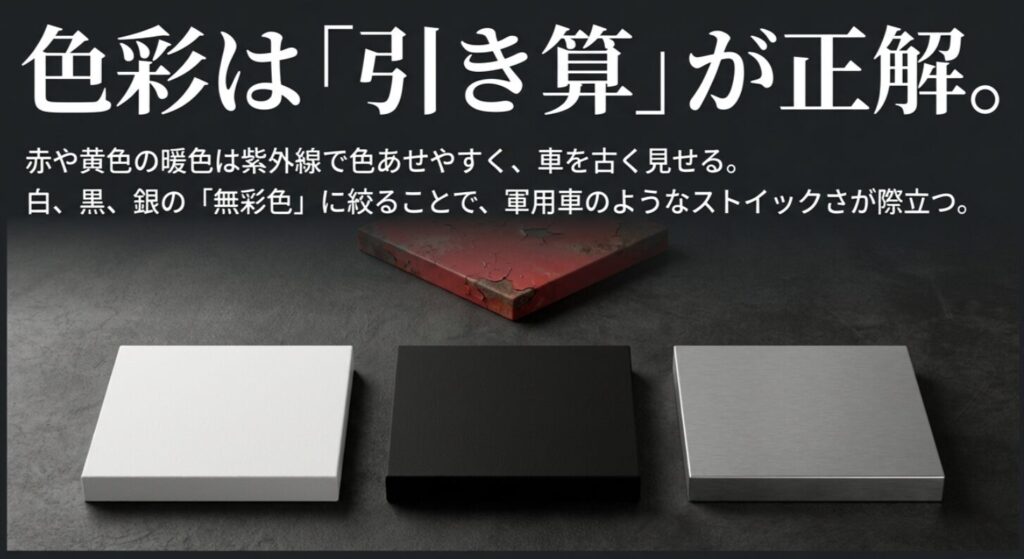 紫外線で色あせやすい暖色を避け、白・黒・銀の無彩色に絞ることでジムニーのストイックさを強調する色の引き算。
