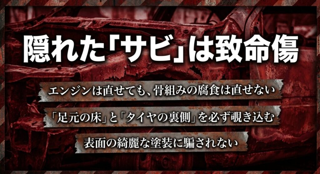 エンジンより直しにくい骨組みの腐食に注意し、足元の床やタイヤ裏側を確認すべき重要ポイント。