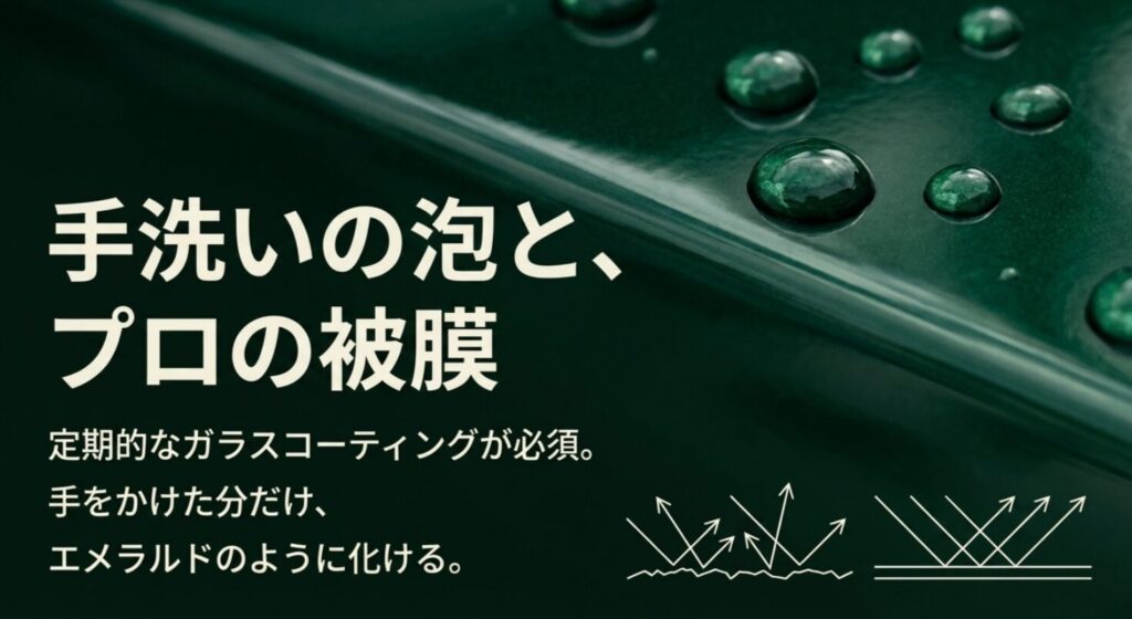 定期的なコーティングと手洗いによって、ジャングルグリーンが深い艶を持つエメラルド色に輝く様子。