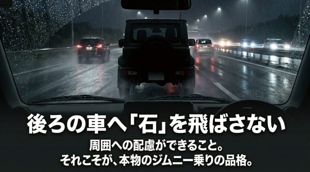 後続車への飛び石防止がジムニー乗りのマナーであることを示すスライド