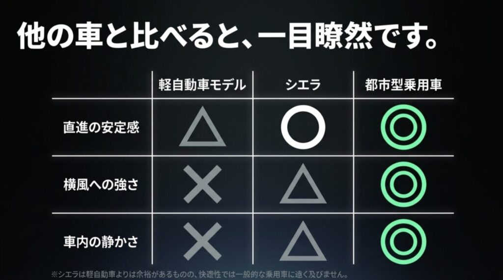 ジムニーシエラと軽ジムニー、都市型乗用車の直進安定性、横風耐性、静粛性を比較した星取表