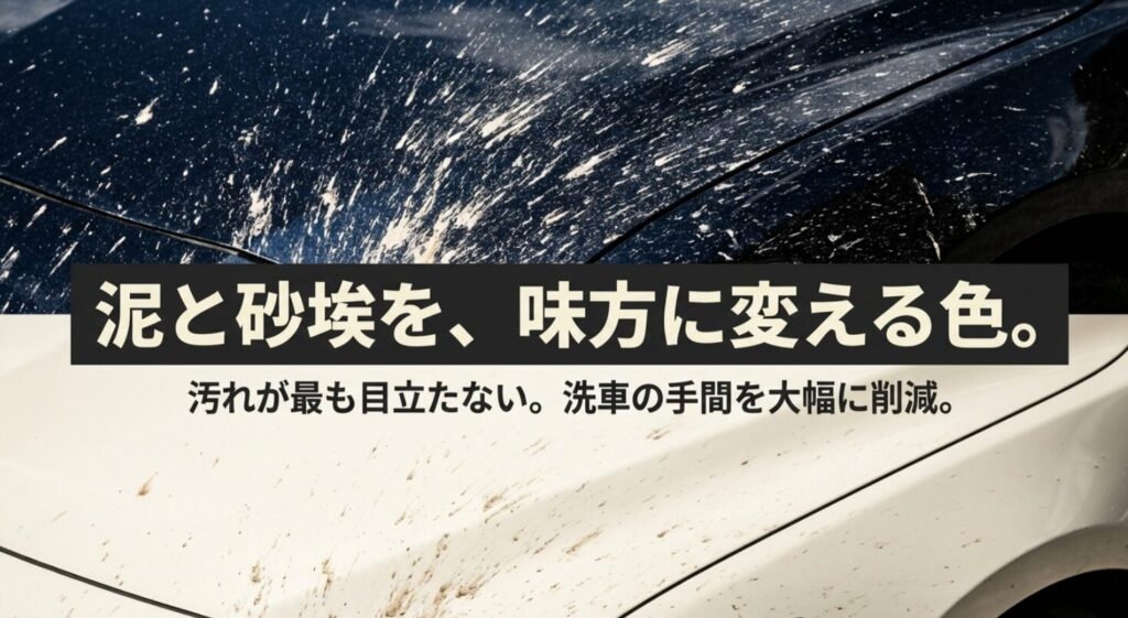 泥や砂埃が最も目立たず、洗車の手間を大幅に削減できるアイボリーの特性を説明するスライド
