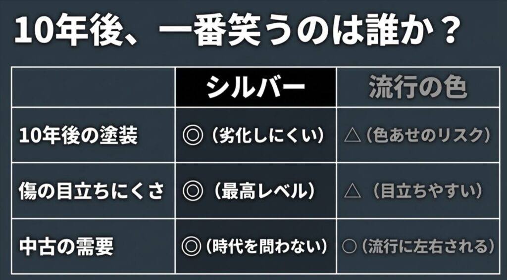 シルバーと流行色を、10年後の塗装状態、傷の目立ちにくさ、中古需要で比較した検証スライド。