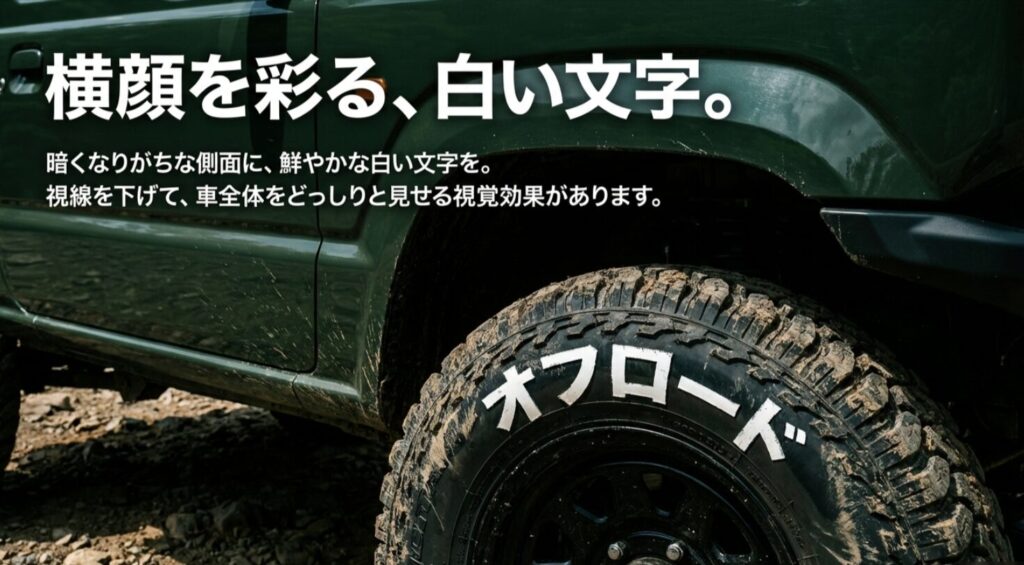 暗い側面に白い文字を添えて車全体をどっしりと見せるホワイトレターの効果