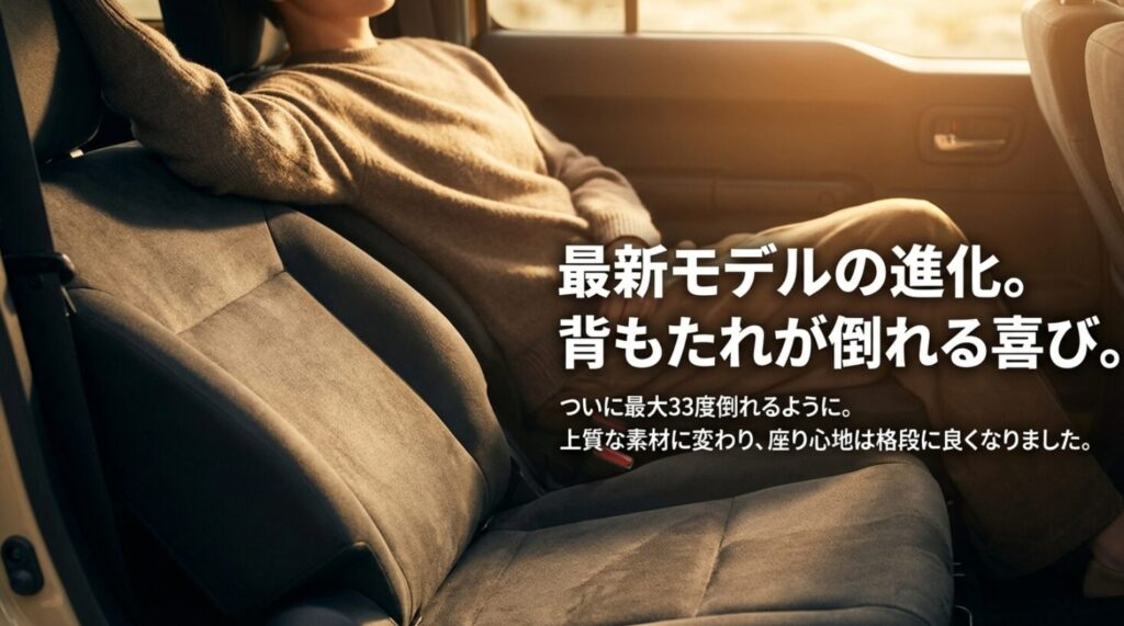 背もたれが最大33度倒れるリクライニング機能と上質な素材への進化を解説するスライド