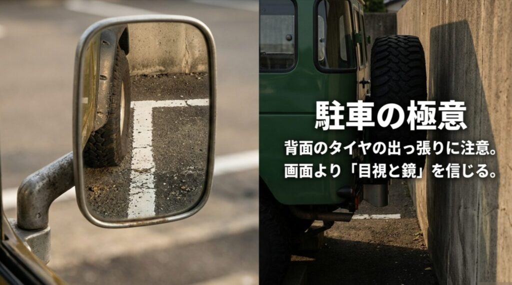 画面よりも目視と鏡を信じるべき理由と背面タイヤの注意点をまとめた駐車解説スライド