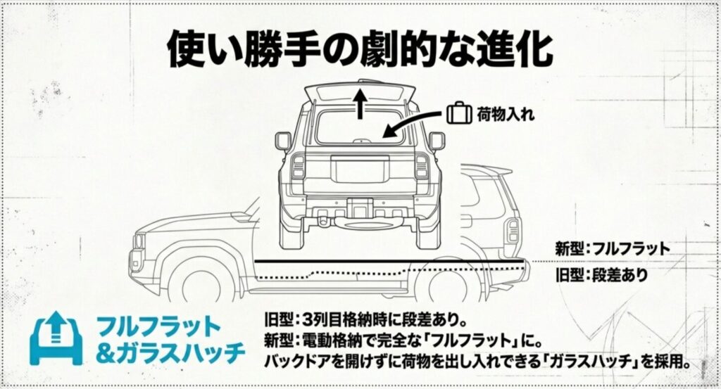 新型ランクル250の電動フルフラットシートと、バックドアを開けずに荷物を出し入れできるガラスハッチの図解 。