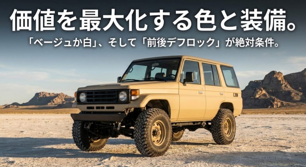 ランクルの価値を最大化する色（ベージュ・白）とデフロックを解説するスライド