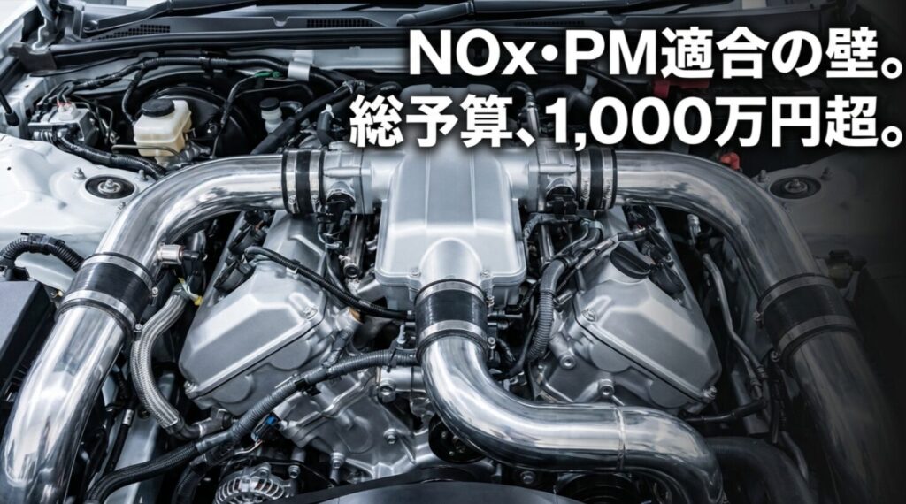 ランクル70逆輸入の排ガス規制適合（ガス検）の壁と1000万円超の総予算を示す画像。