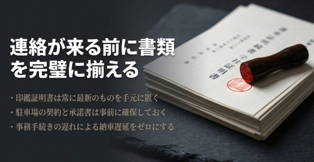 印鑑証明書や駐車場契約など、事務手続きによる遅延をゼロにするための準備リスト 。