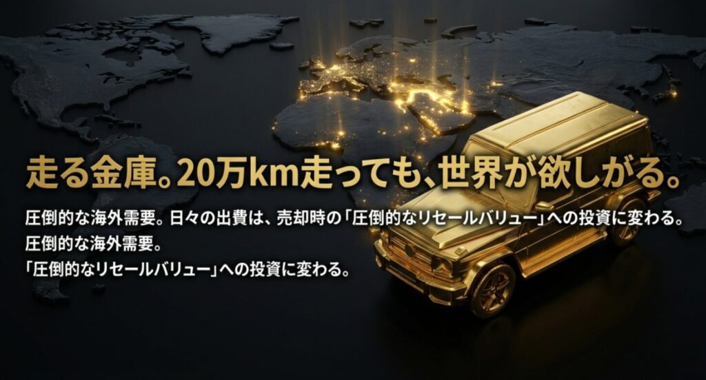 圧倒的な海外需要により、20万km走行後も高い資産価値を維持する「走る金庫」としてのランクルの説明図