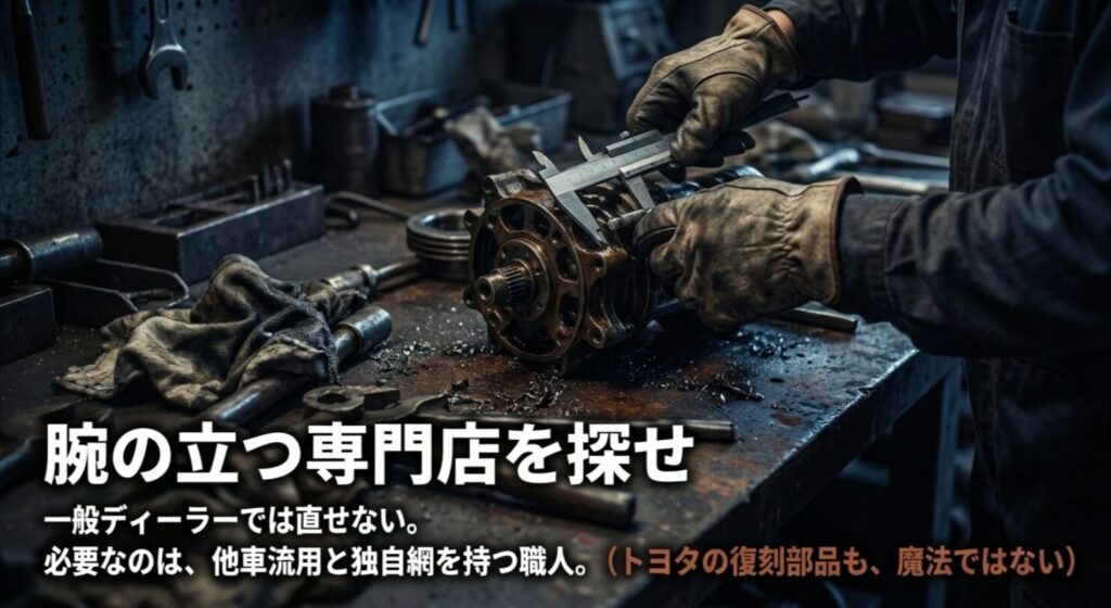 一般ディーラーでは直せないランクル40に、他車流用技術を持つ専門店が必要な理由を解説するスライド