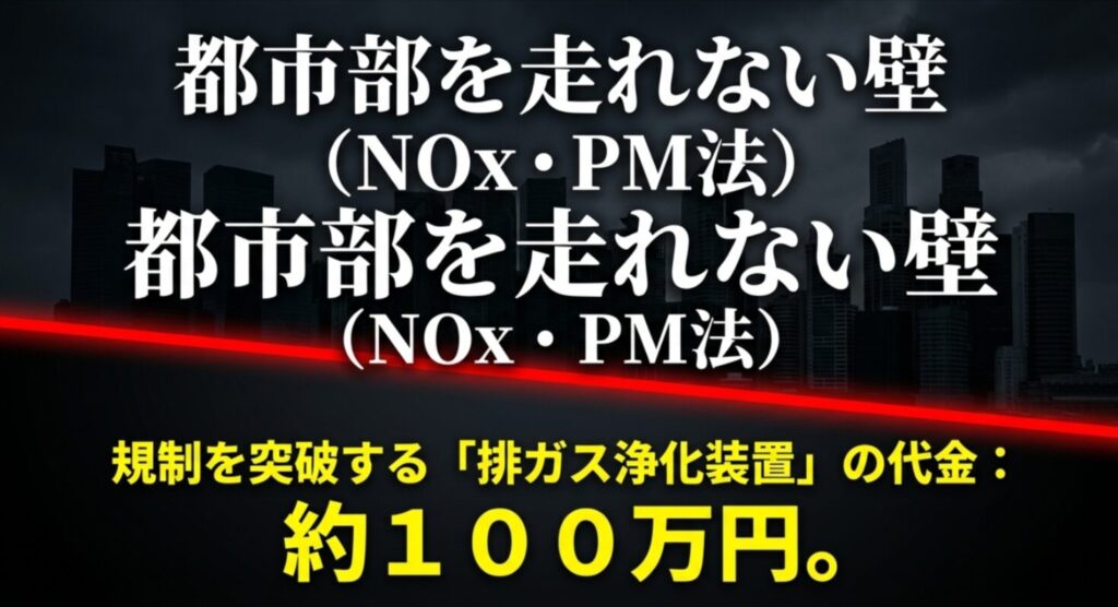 排ガス規制により都市部での登録ができない壁と、対策装置100万円のコストを解説するスライド