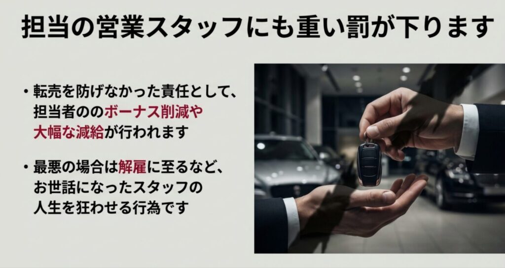  転売発生による担当者のボーナス削減や減給、最悪の場合の解雇などスタッフの人生への影響 