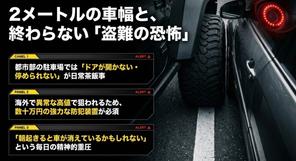 都市部での駐車困難問題と、海外需要による車両盗難の精神的重圧・セキュリティ装置の必要性を説く画像