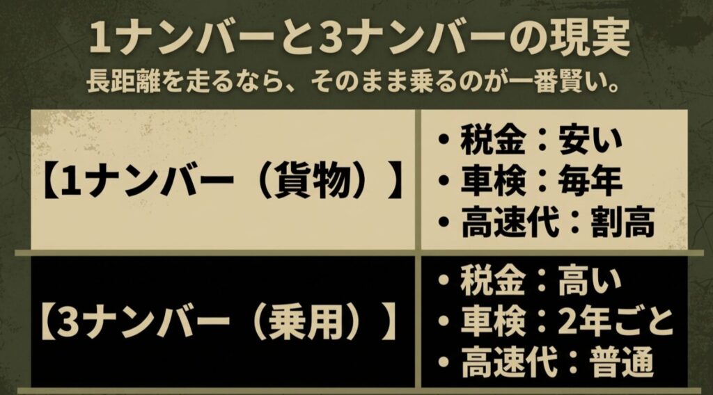 1ナンバー貨物と3ナンバー乗用での税金、車検サイクル、高速料金の違いを比較した表の画像
