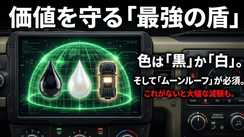 リセールに必須のボディカラー（黒・白）と、大幅減額を防ぐムーンルーフの重要性を示す図解
