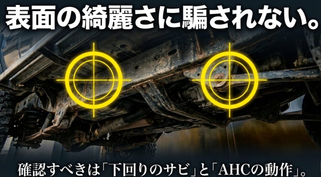 ランドクルーザー100系中古車選びで重要な下回りのサビとAHC（アクティブハイトコントロール）の動作確認