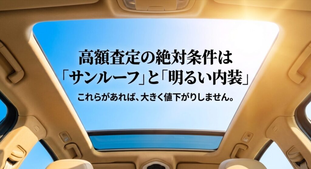 サンルーフと明るい内装があればプラドは大きく値下がりしないという高額査定の条件を記した画像