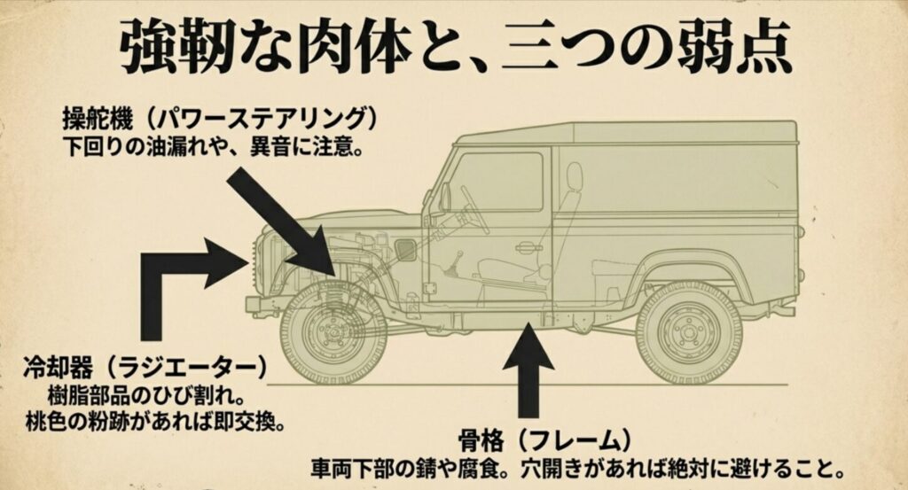 パワーステアリングの油漏れ、ラジエーターのひび割れ、フレームの錆・腐食を指摘する点検項目スライド。