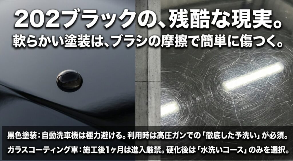 軟らかい202ブラック塗装の傷リスクとガラスコーティング施工後の進入厳禁期間の解説