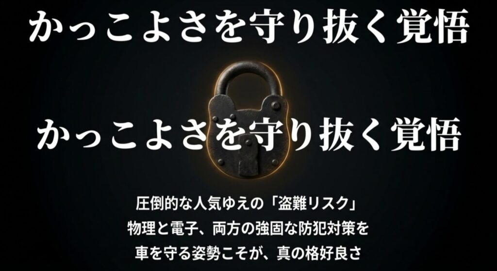 人気ゆえの盗難リスクに対し、物理と電子両面の強固な対策を促す防犯スライド