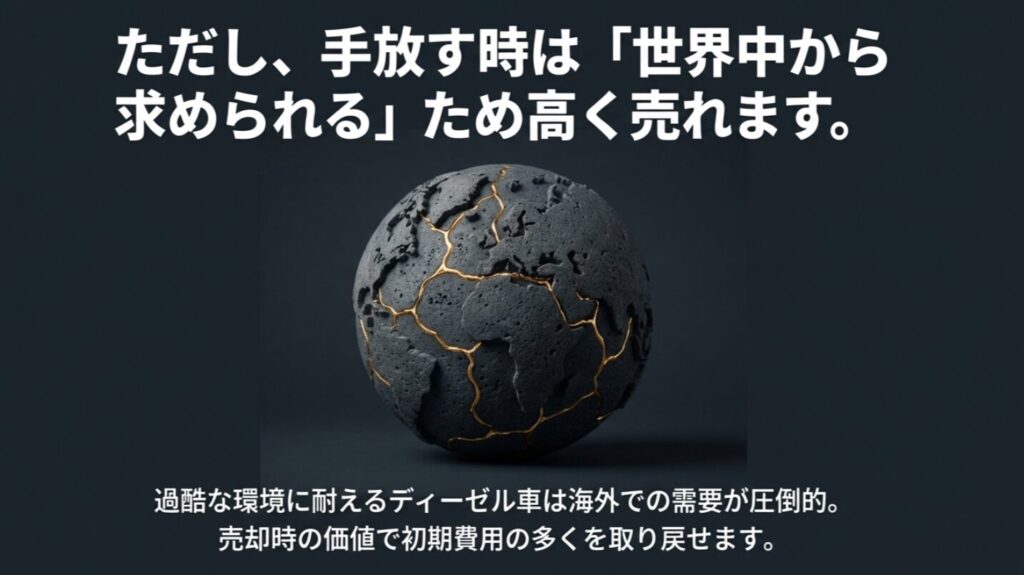 世界的に需要が高いディーゼル車は過酷な環境でも評価され、売却時に高値がつくことを説明する図