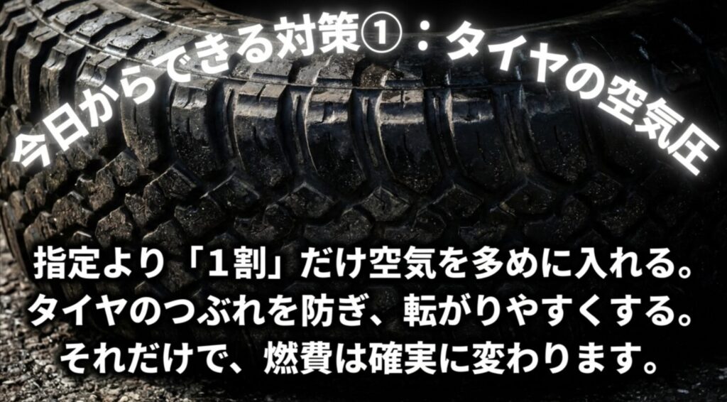 指定より1割だけ空気を多めに入れることでタイヤのつぶれを防ぎ、転がりやすくする燃費対策を解説したスライド