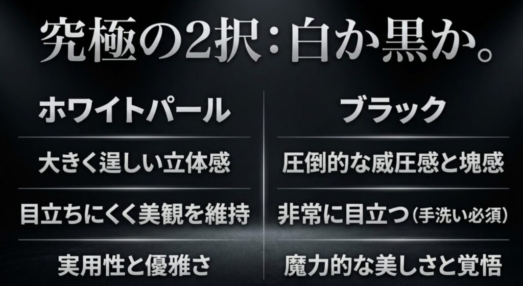 プラドのボディカラー「ホワイトパール」と「ブラック」の視覚効果や手入れのしやすさを比較した図