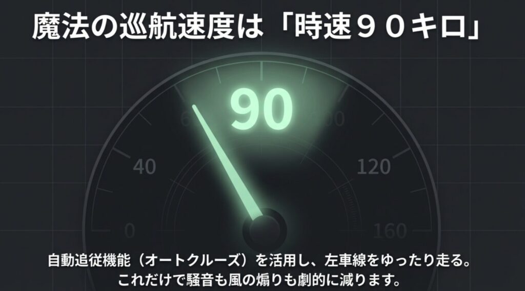 騒音や風の影響を劇的に減らす、時速90キロでのゆったりとした高速巡航を推奨するスライド。 
