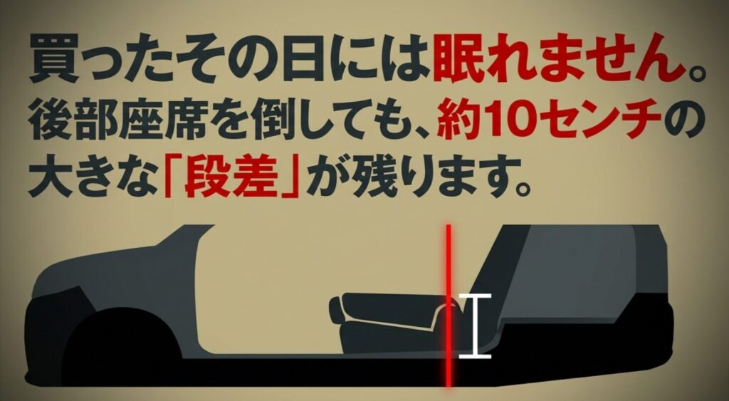後部座席を倒した際に発生する約10cmの段差と車中泊への影響についての説明