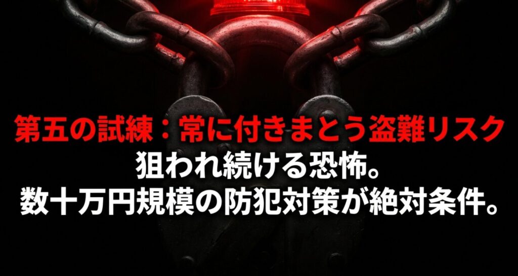 「第五の試練：常に付きまとう盗難リスク。狙われ続ける恐怖。数十万円規模の防犯対策が絶対条件。」という防犯に関するスライド画像
