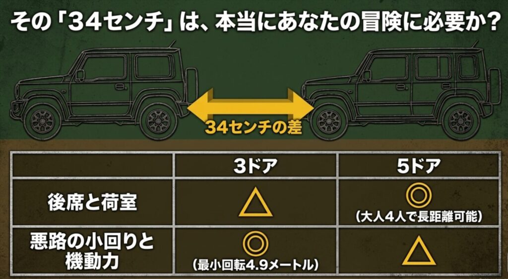 3ドアと5ドアの34センチの差が生む「後席・荷室」の広さと「最小回転半径4.9m」の機動力を比較したスライド 。