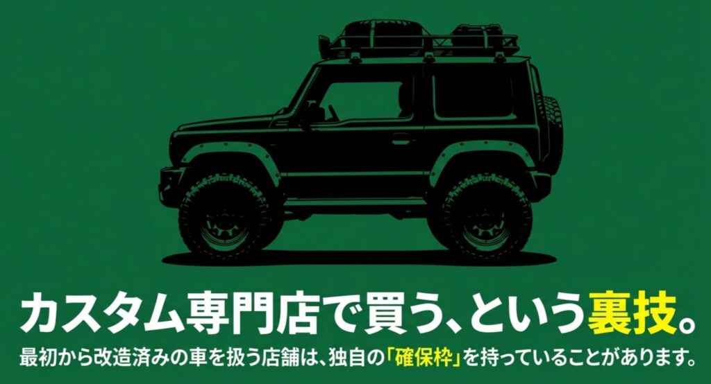 最初から改造済みの車を扱うカスタム専門店は独自の確保枠を持っていることがあるという裏技を紹介するスライド画像