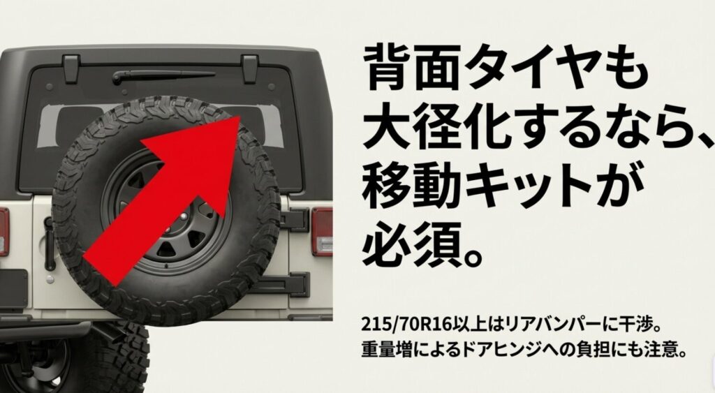 215/70R16以上はリアバンパーに干渉するため移動キットが必須であること、ドアヒンジへの負担増を警告する図解。