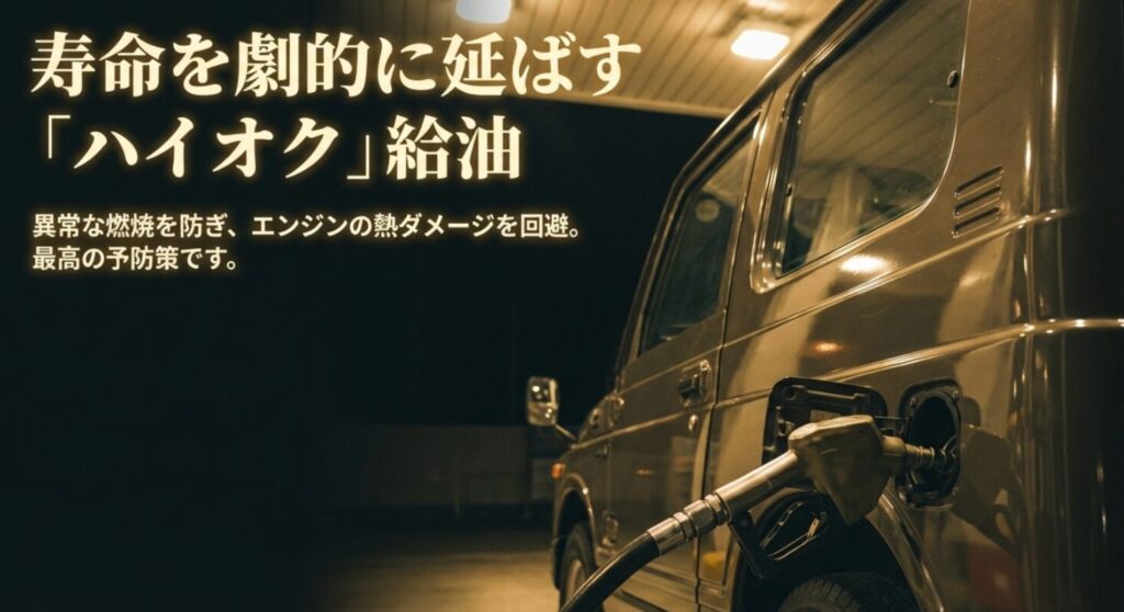 ハイオク給油によって異常燃焼を防ぎ、エンジンの熱ダメージを回避する最高の予防策についてのスライド 。