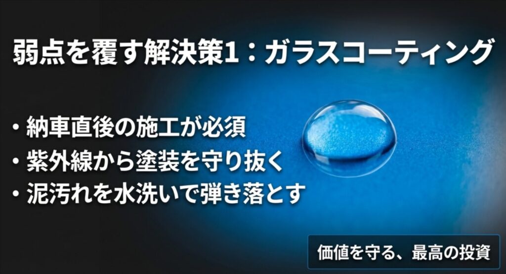 紫外線保護と防汚効果により、車の価値を守るガラスコーティングの効果をまとめたスライド