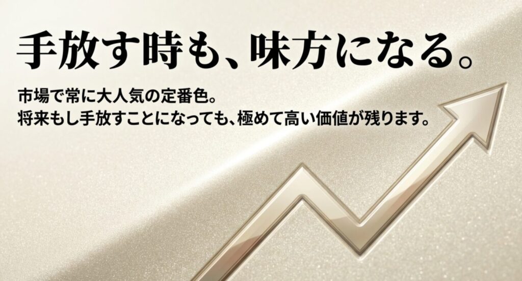 定番色として市場で大人気であり手放す時も高い価値が残ることを説明するスライド