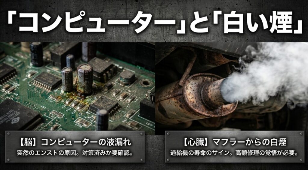 エンスト原因となるECU液漏れと、過給機の寿命を示すマフラーからの白煙トラブルの解説。