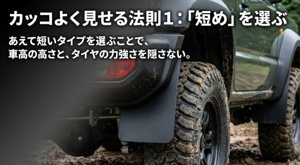 あえて短いタイプを選ぶことで車高とタイヤの力強さを隠さない工夫を説明するスライド
