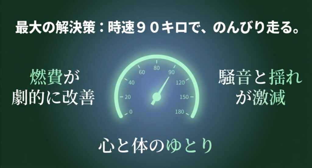 時速90km付近を指すスピードメーターと、燃費改善、騒音激減、心身のゆとりといったメリットのリスト