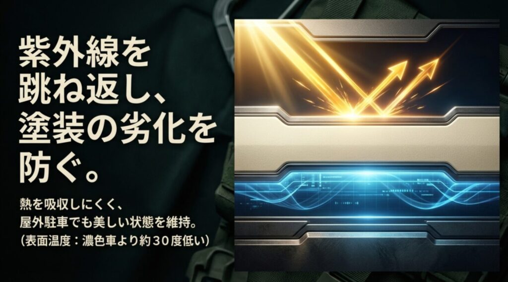 アイボリーが紫外線を反射し、濃色車より表面温度を低く保つことで塗装劣化を防ぐ仕組みを説明するスライド
