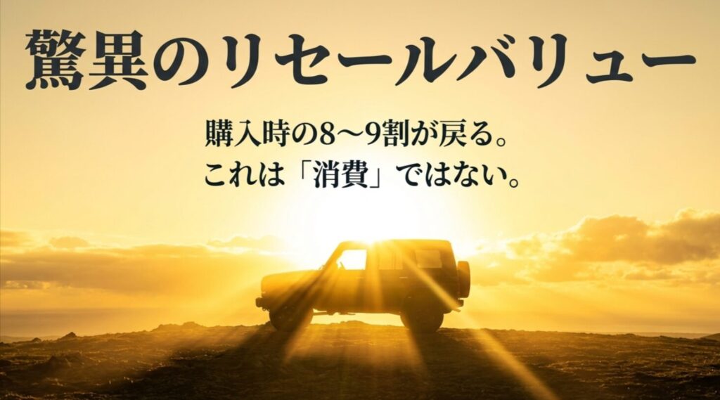 購入時の8〜9割が戻る資産価値としてのランクル70を説明するスライド