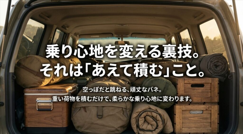 頑丈なバネは空っぽだと跳ねるため、あえて重い荷物を積むことで柔らかな乗り心地に変える方法のスライド