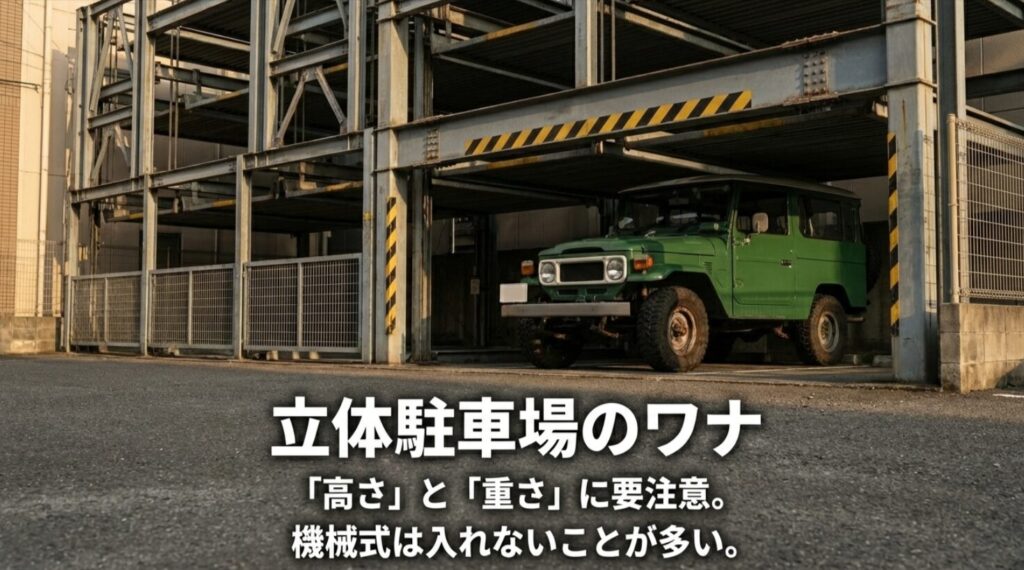 ランクル70が機械式駐車場に入れないことが多い理由（高さ・重さ）を説明したスライド