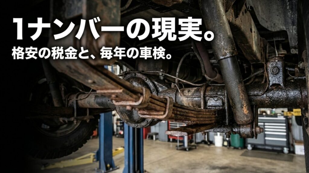 1ナンバー登録のメリット（格安税金）とデメリット（毎年車検）を比較するスライド。