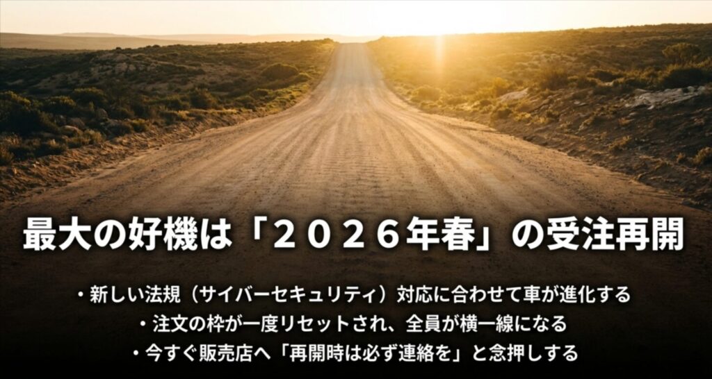 サイバーセキュリティ法規対応に合わせた注文枠リセットと再開時期の予測 。